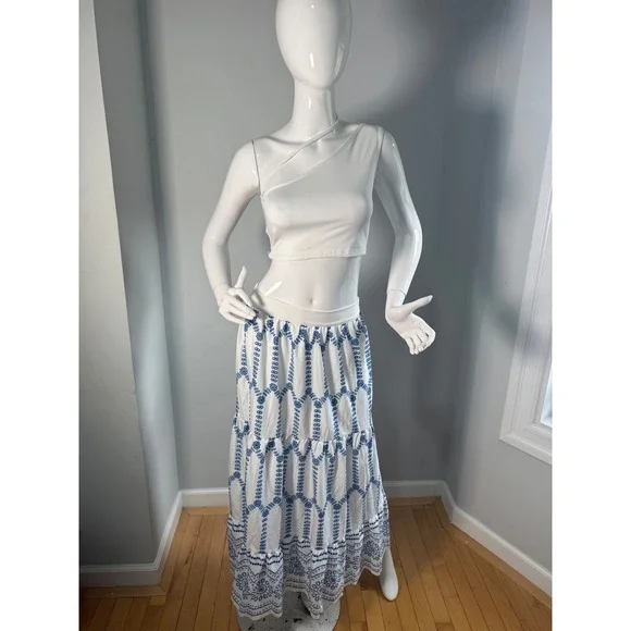 Commense Boho Blue & White Embroidered Maxi Skirt Flowing Tiered Summer Skirt S - Picture 3 of 10